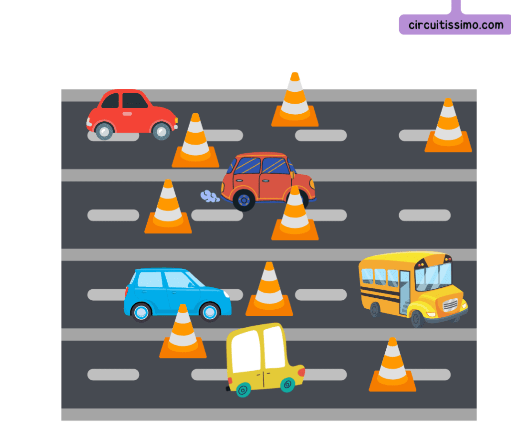 Une illustration d'une route avec des voitures colorées se déplaçant entre des cônes de construction orange, représentant un embouteillage ou des obstructions sur la route.