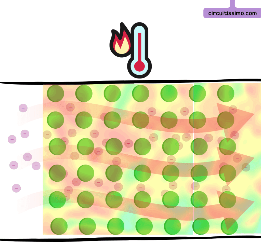 Illustration expliquant la dissipation de chaleur dans une résistance en électronique, affichant des particules en mouvement et un thermomètre.