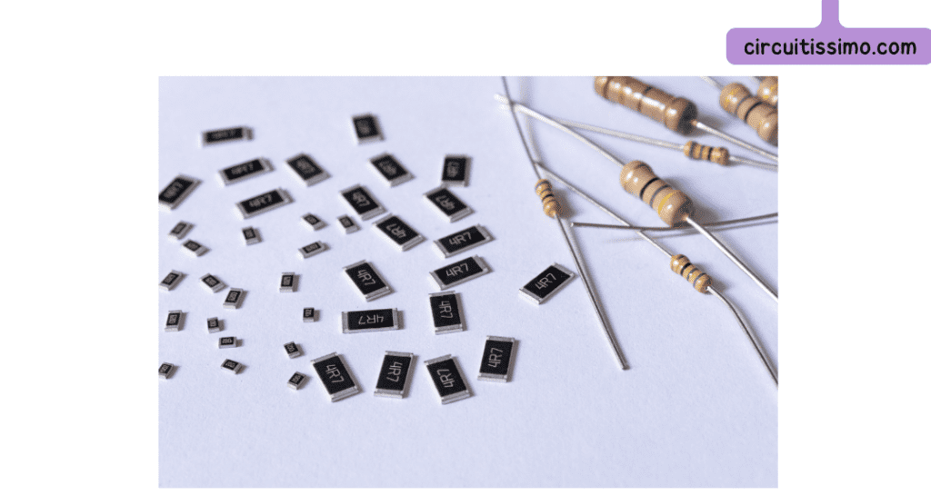 Une variété de résistances électroniques, comprenant des composants en surface (CMS) et des résistances à travers, disposés sur une surface blanche.