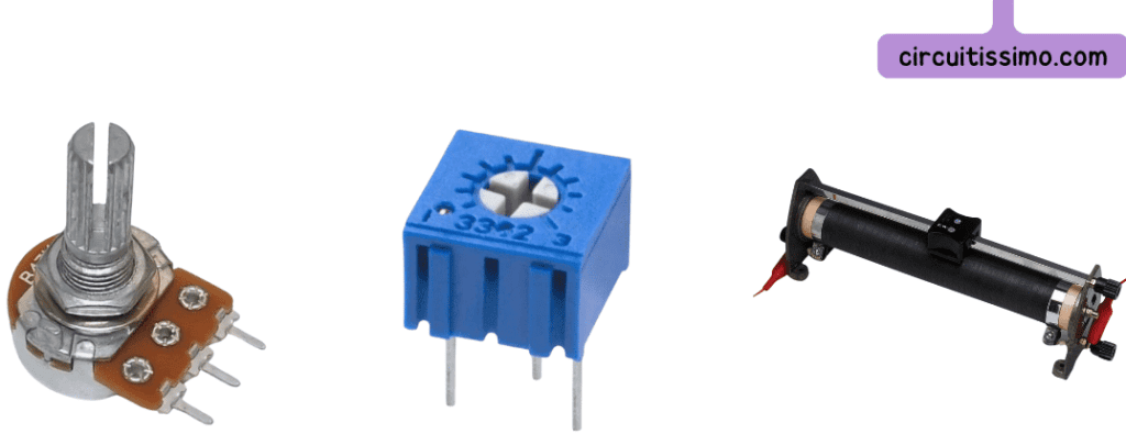 Image montrant trois types de résistances variables : un potentiomètre à trois broches, une résistance variable de type blue potentiometer et une résistance à fil.